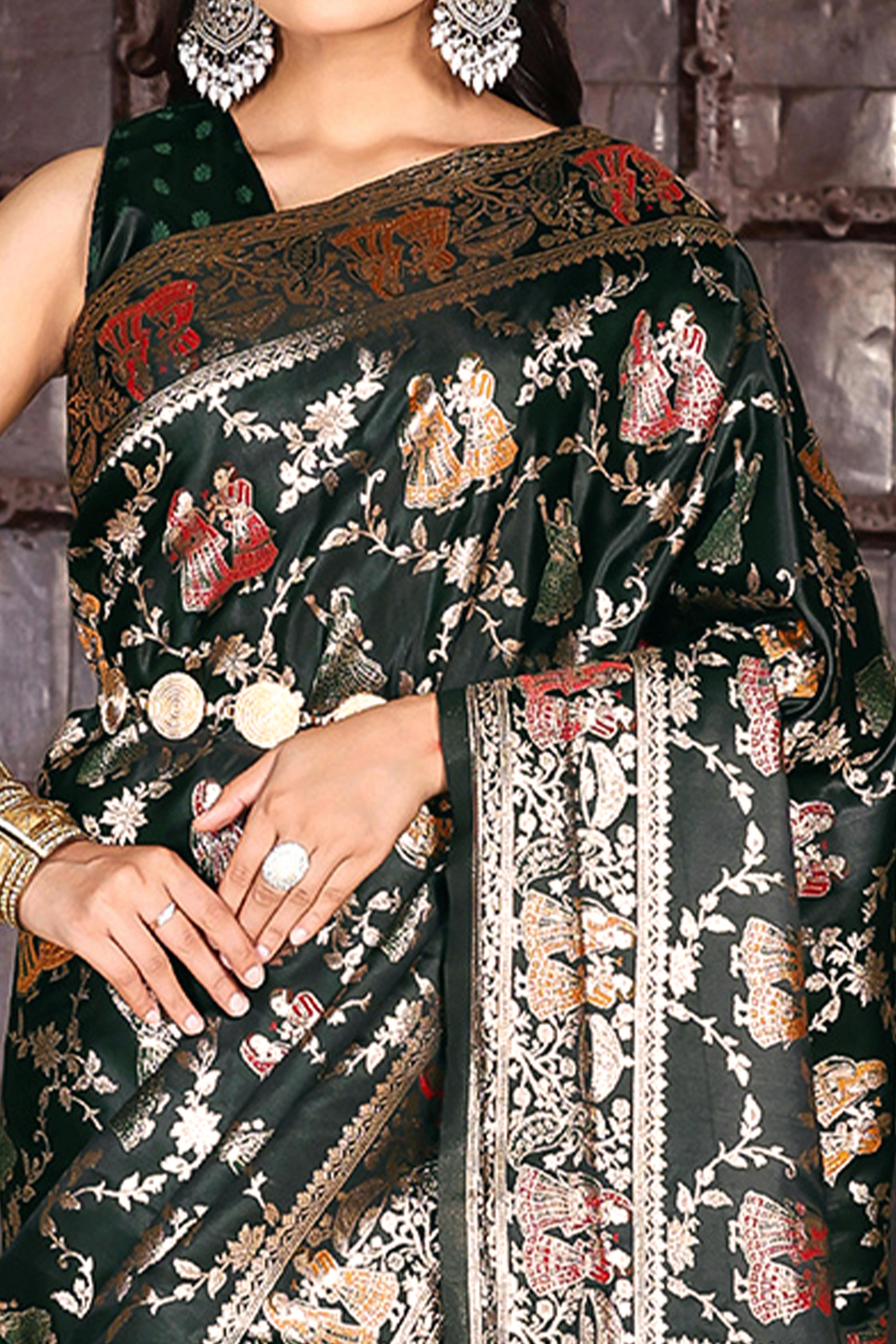 Luxurious Dark Green Silk Blend Saree With Intricate Floral Zari Weaving & Tassel Pallu