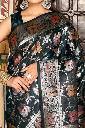 Luxurious Dark Teal Silk Blend Saree With Intricate Floral Zari Weaving & Tassel Pallu