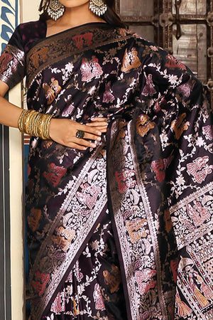 Luxurious Dark Purple Silk Blend Saree With Intricate Floral Zari Weaving & Tassel Pallu