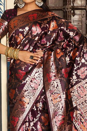 Luxurious Wine Silk Blend Saree With Intricate Floral Zari Weaving & Tassel Pallu