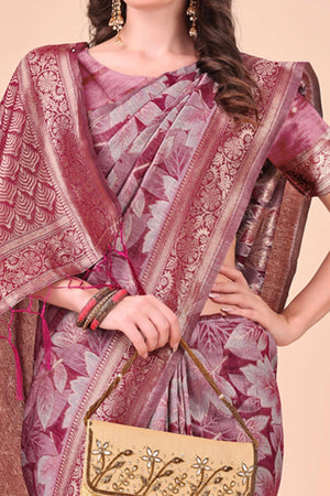 Wine Floral Zari Woven Cotton Blend Saree With Soft Tassel Edging