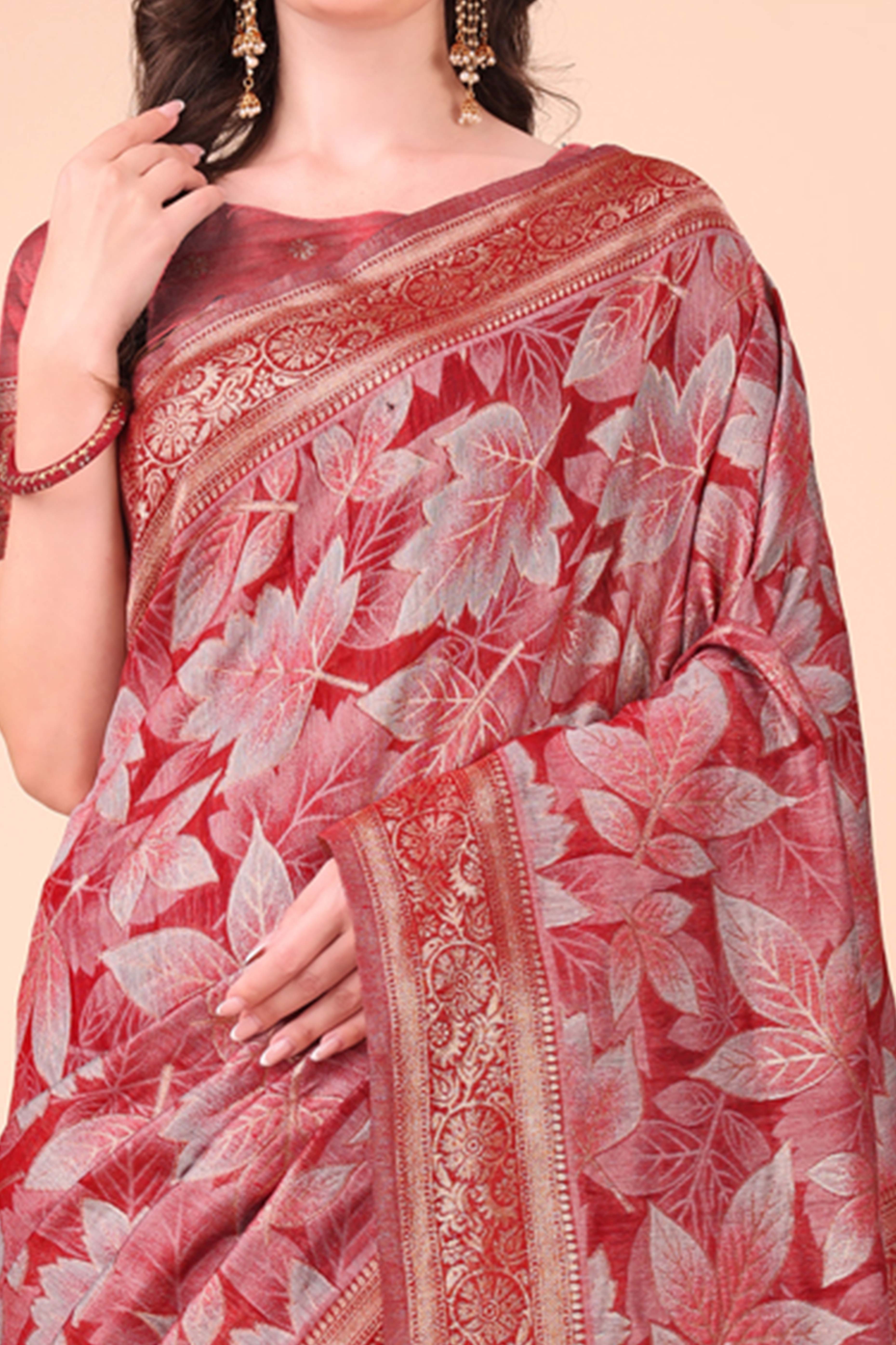Red Floral Zari Woven Cotton Blend Saree With Soft Tassel Edging