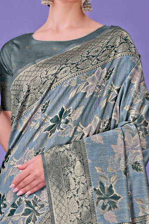 Teal Floral Zari Woven Saree in a Lustrous Cotton Silk Blend