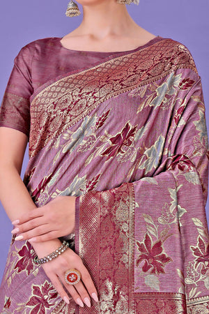 Purple Floral Zari Woven Saree in a Lustrous Cotton Silk Blend