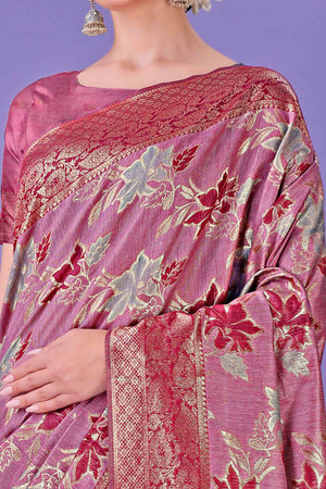 Pink Floral Zari Woven Saree in a Lustrous Cotton Silk Blend