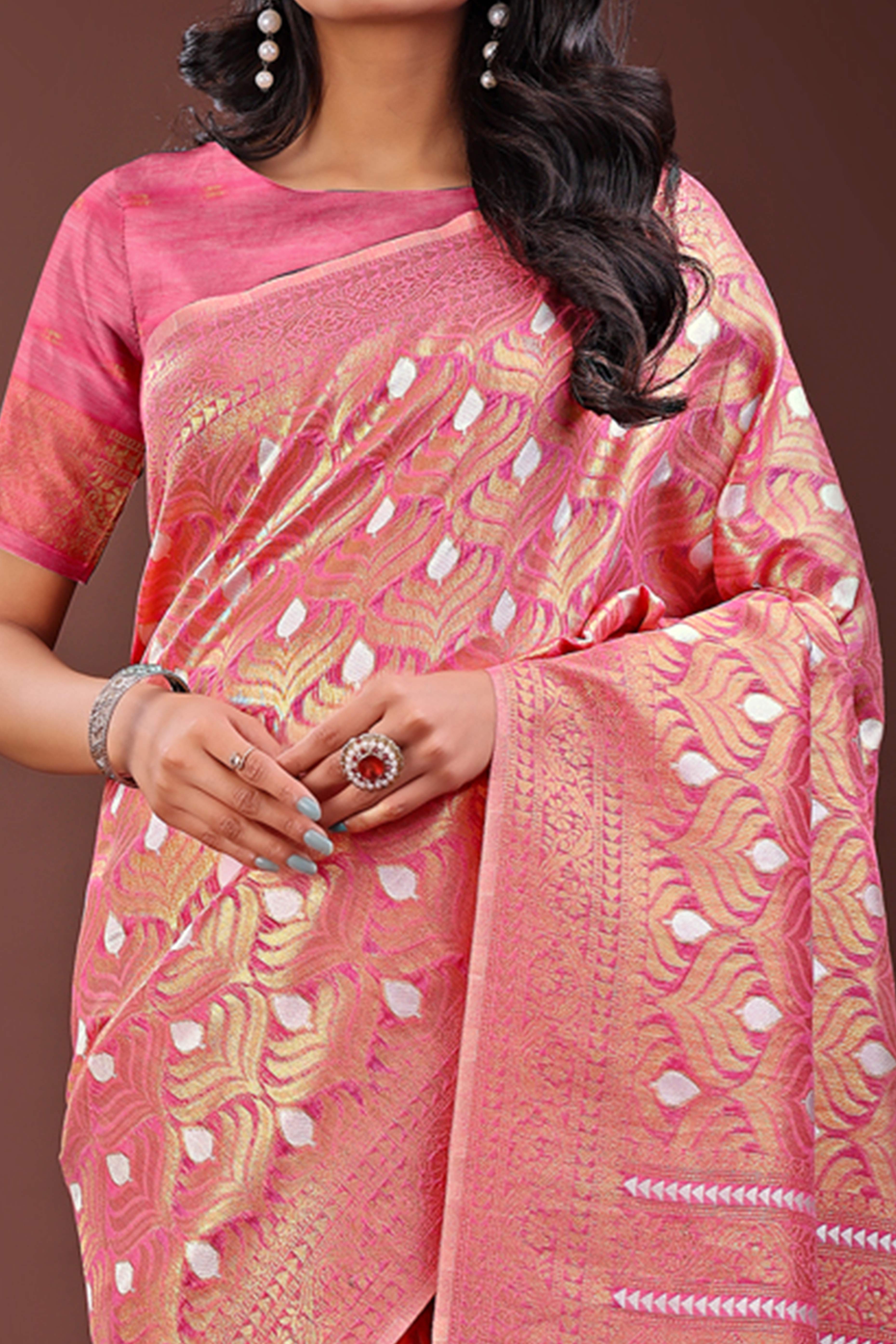 Pink Zari Work Cotton Silk Saree Finished with Luxe Tassels