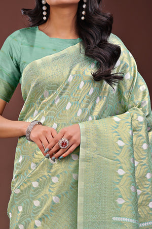 Sea Green Zari Work Cotton Silk Saree Finished with Luxe Tassels