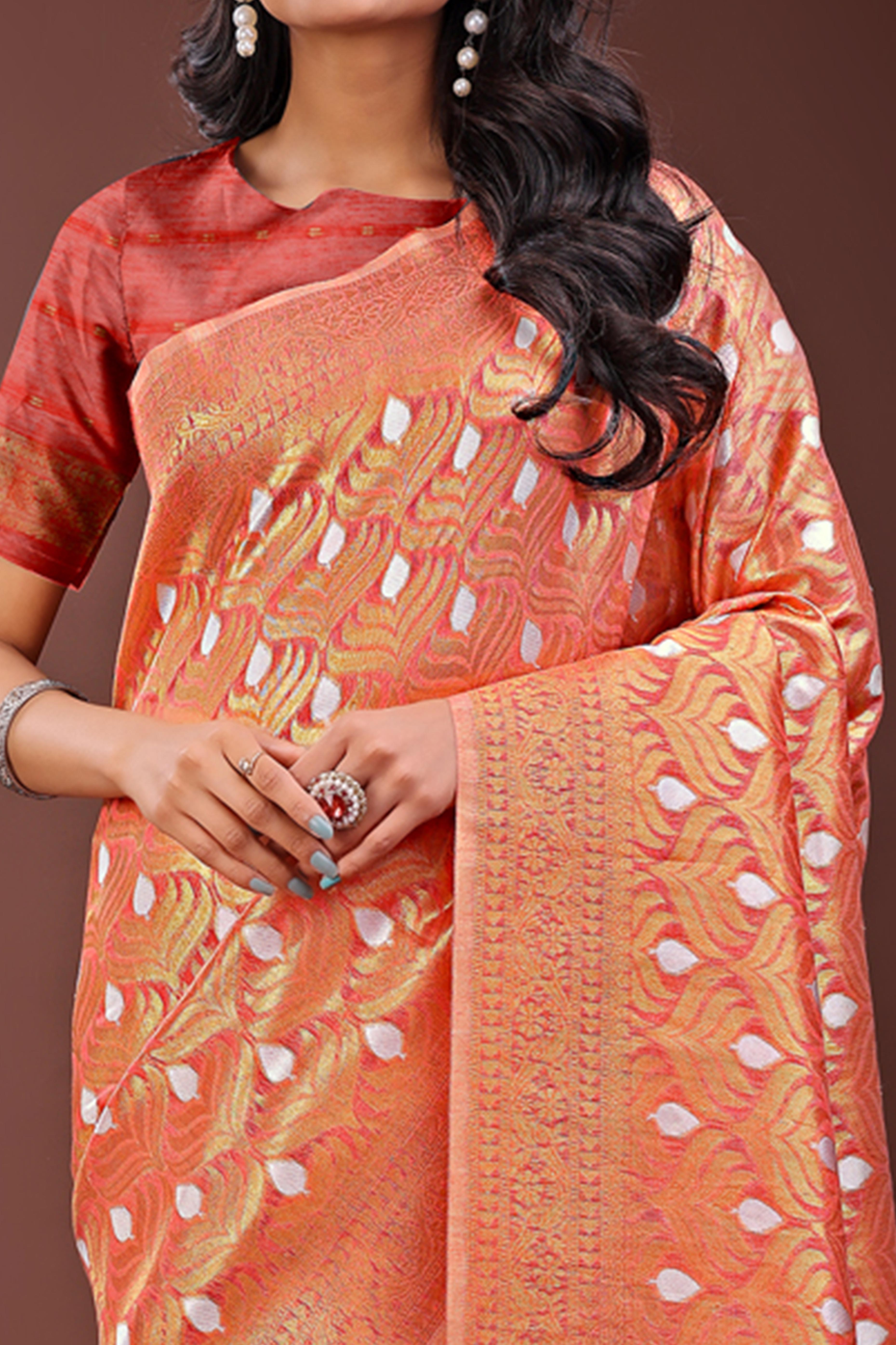 Orange Zari Work Cotton Silk Saree Finished with Luxe Tassels