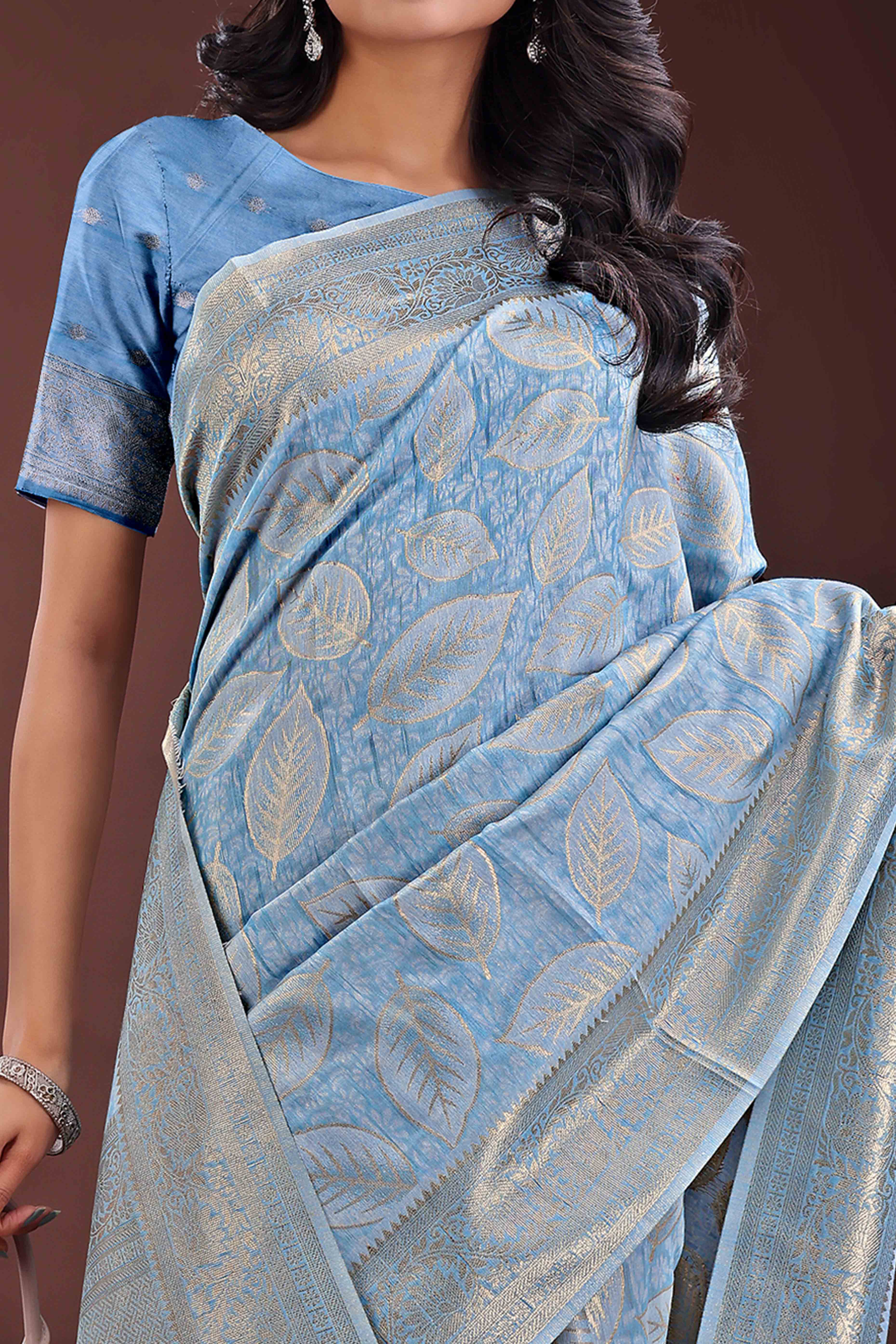 Sky Blue Brocade Woven Saree in Cotton Silk Blend with Zari Detailing