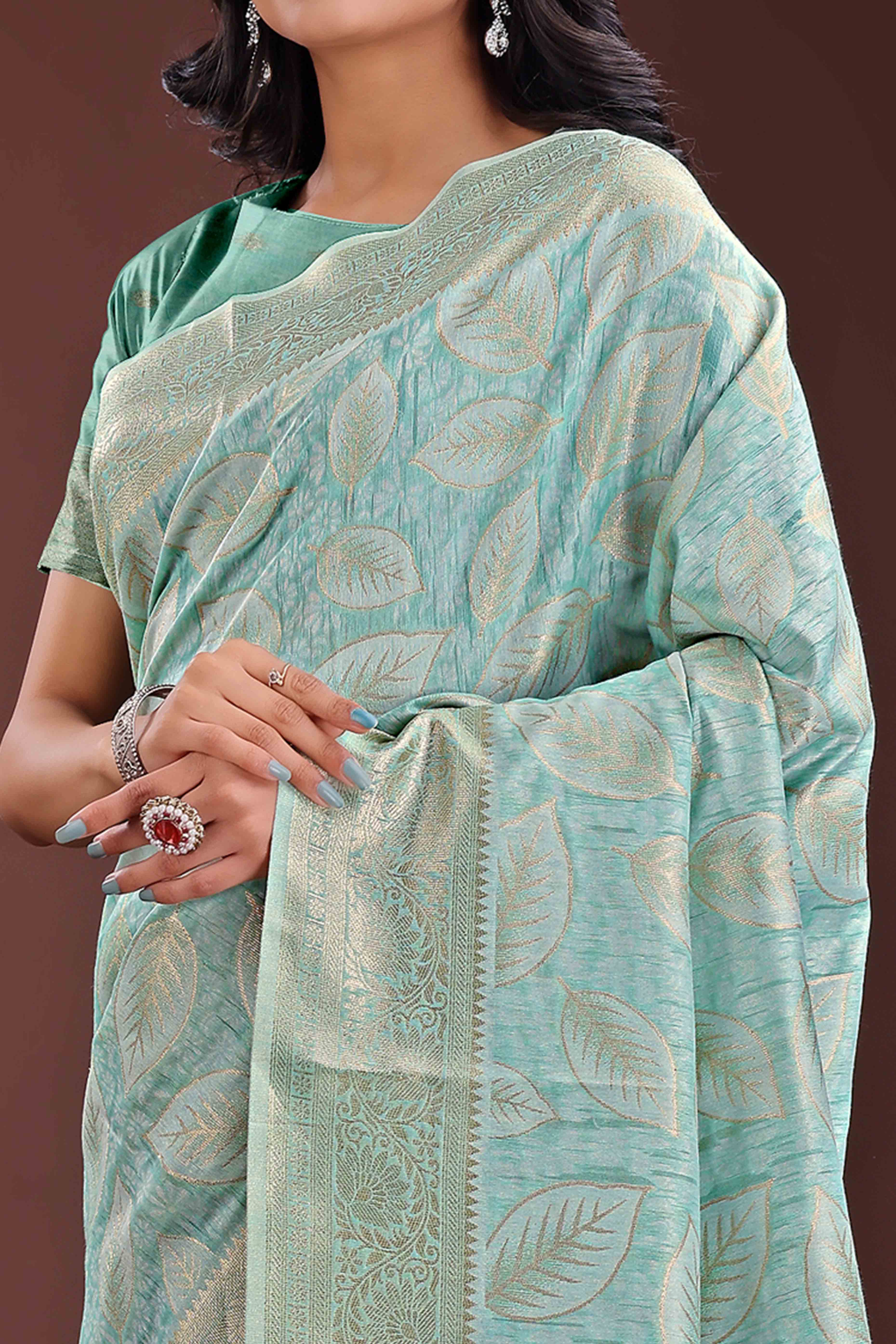 Sea Green Brocade Woven Saree in Cotton Silk Blend with Zari Detailing