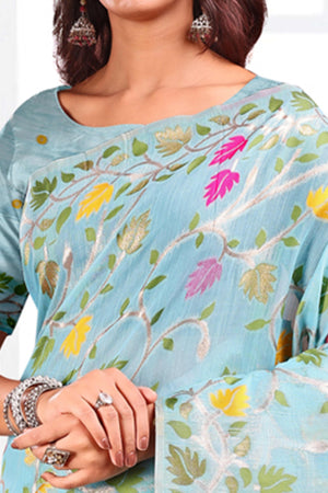 Sky Blue Linen Cotton Silk  Saree Enhanced With Floral Zari Weaving & Tasselled Pallu Finish