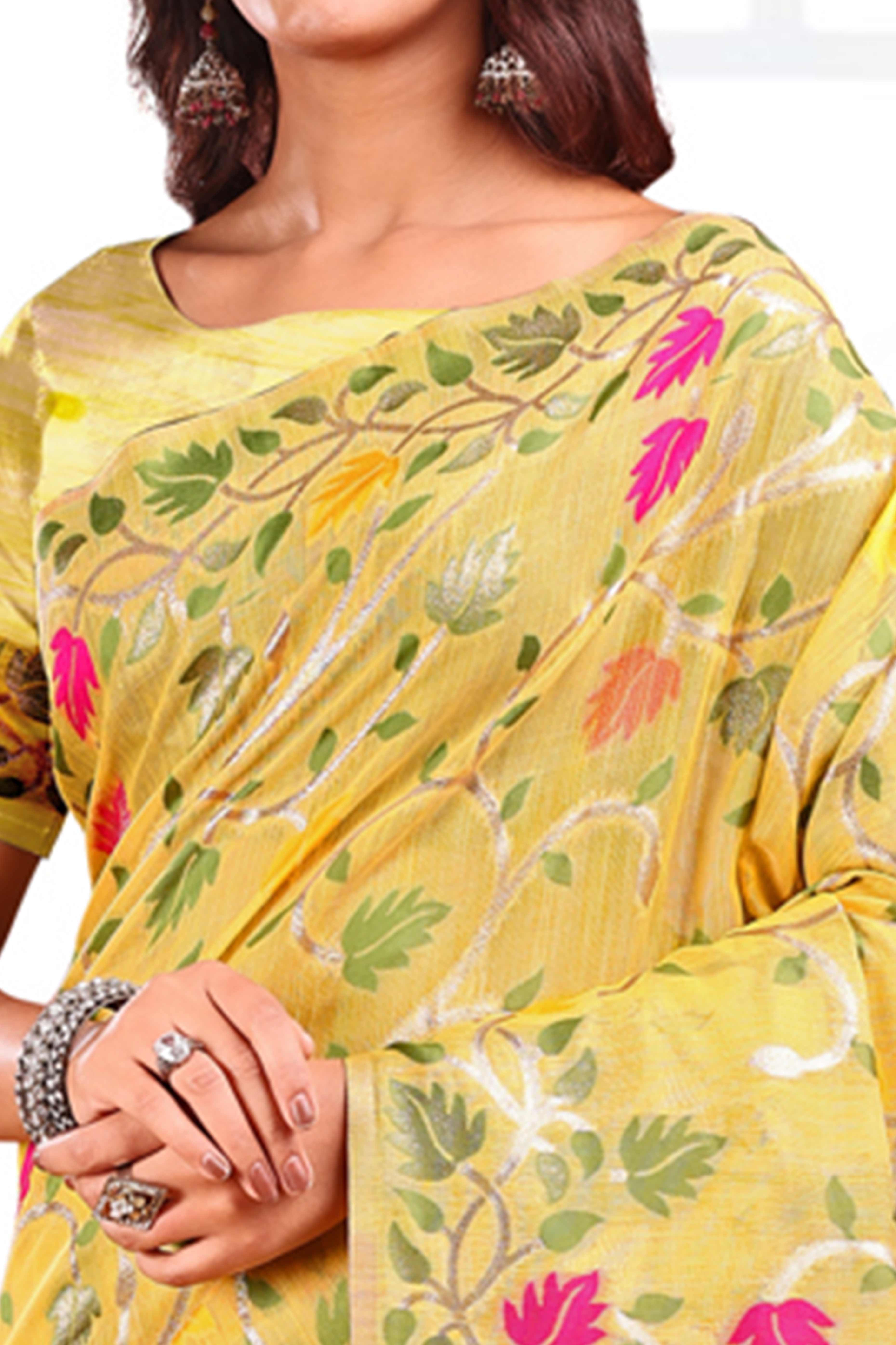 Yellow Linen Cotton Silk  Saree Enhanced With Floral Zari Weaving & Tasselled Pallu Finish