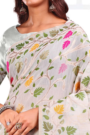 White Linen Cotton Silk  Saree Enhanced With Floral Zari Weaving & Tasselled Pallu Finish