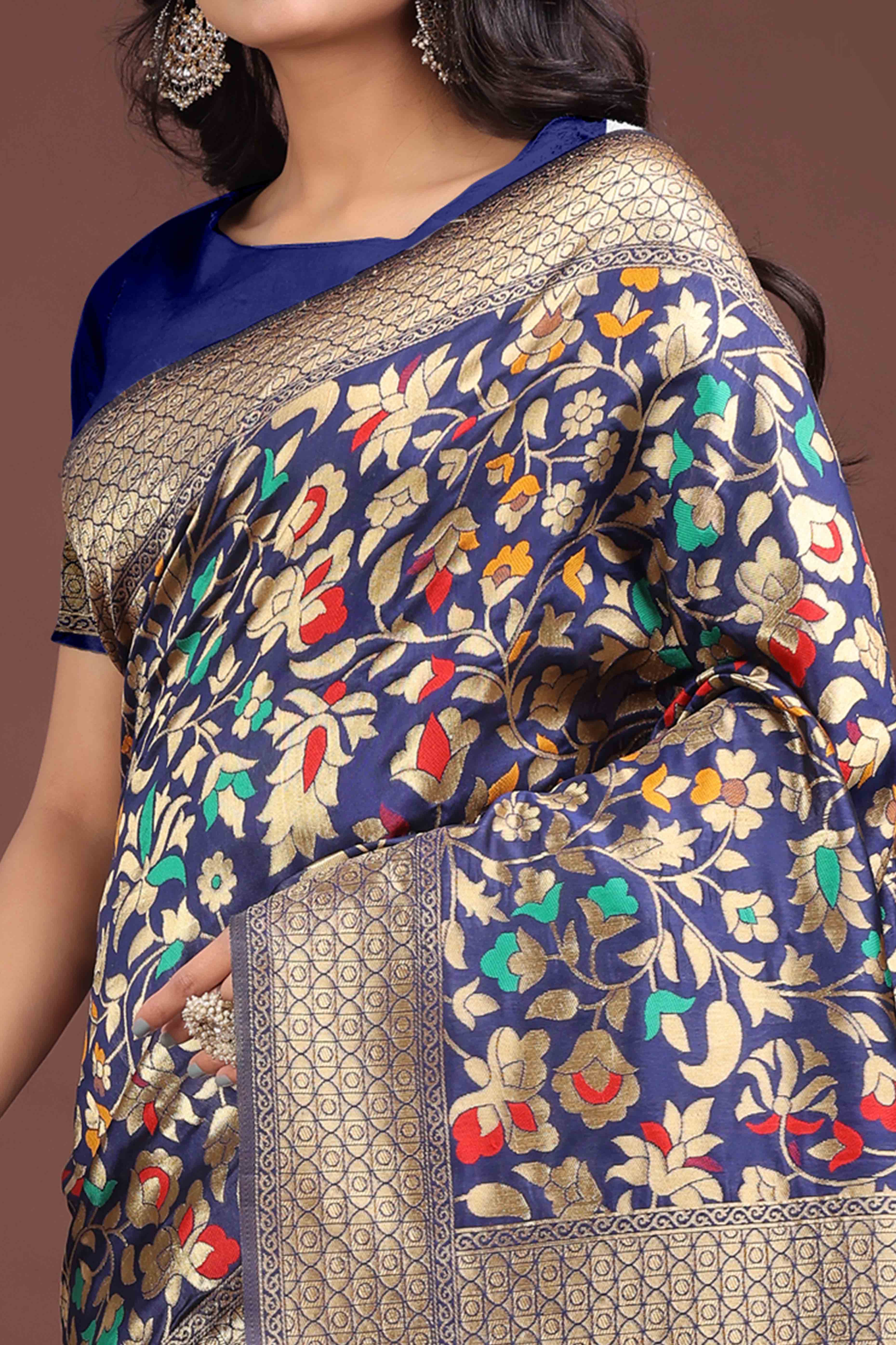 Navy Blue Lichi Banarasi Silk Saree With Floral Zari Work & Tassel Border