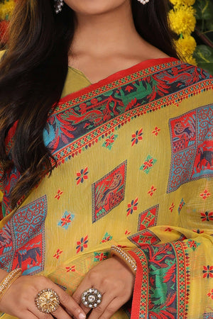 Yellow Linen Cotton Saree Adorned With Floral Zari Weaving & Tassel Pallu