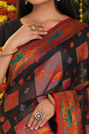 Black Linen Cotton Saree Adorned With Floral Zari Weaving & Tassel Pallu