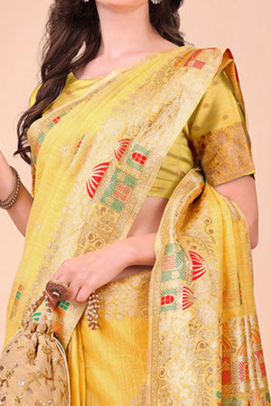 Yellow Zari Woven Linen Cotton Saree With Graceful Tassels