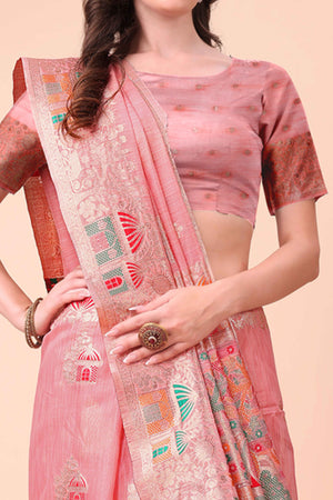 Pink Zari Woven Linen Cotton Saree With Graceful Tassels