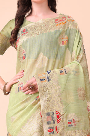 Light Green Zari Woven Linen Cotton Saree With Graceful Tassels