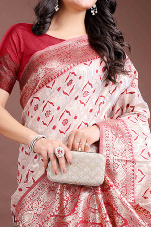 Passionate Red Traditional Ikkat Style Zari Weaving Cotton Blend Saree with Striking Tassel Ornaments