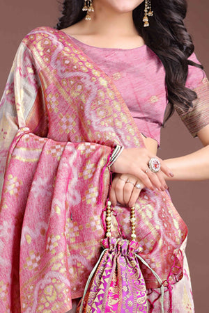 Graceful Pink Traditional Ikkat Style Zari Weaving Cotton Blend Saree with Lovely Tassel Accents