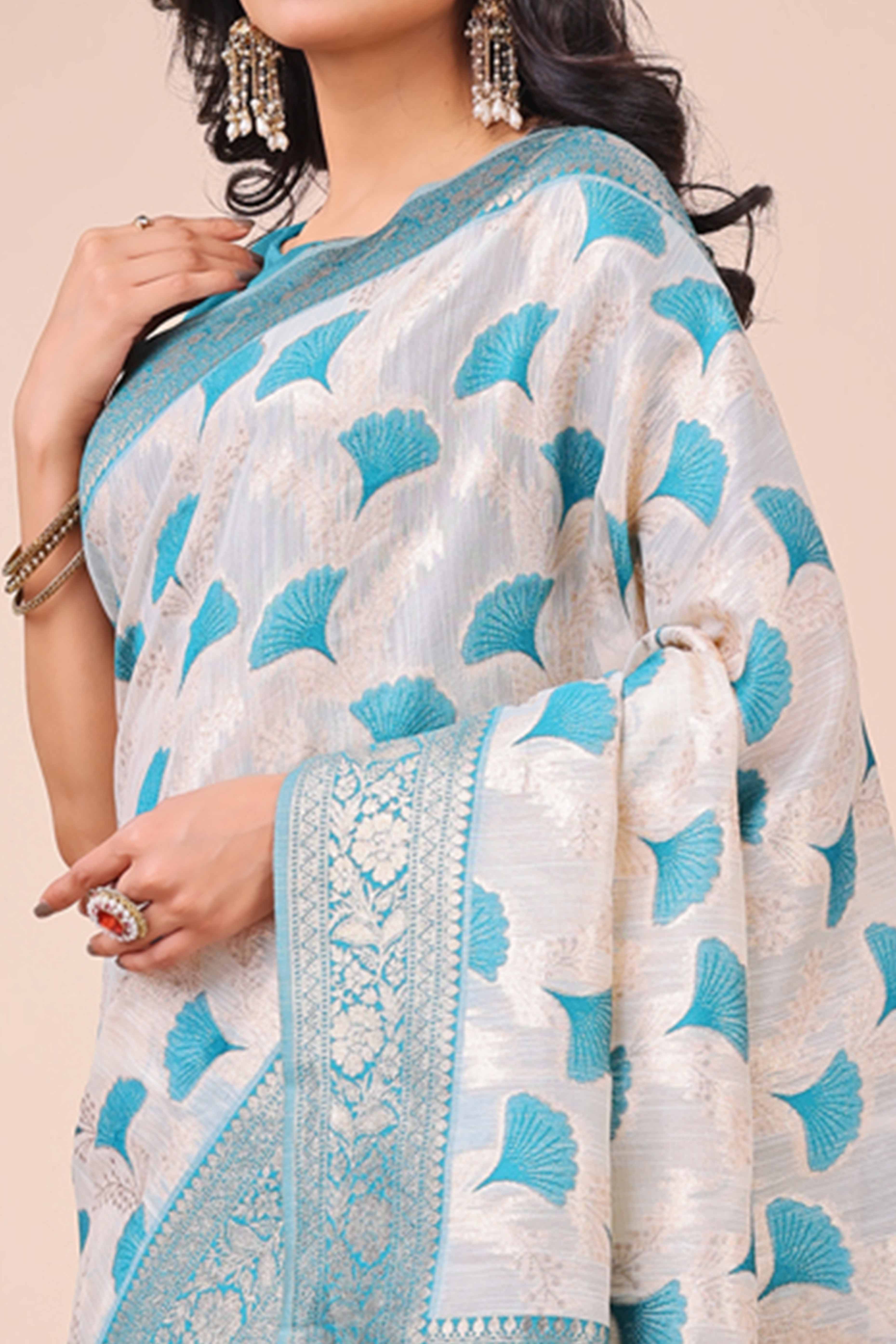 Rama Blue Saree In Linen Cotton With Beautiful Floral Woven Patterns & a Tassel