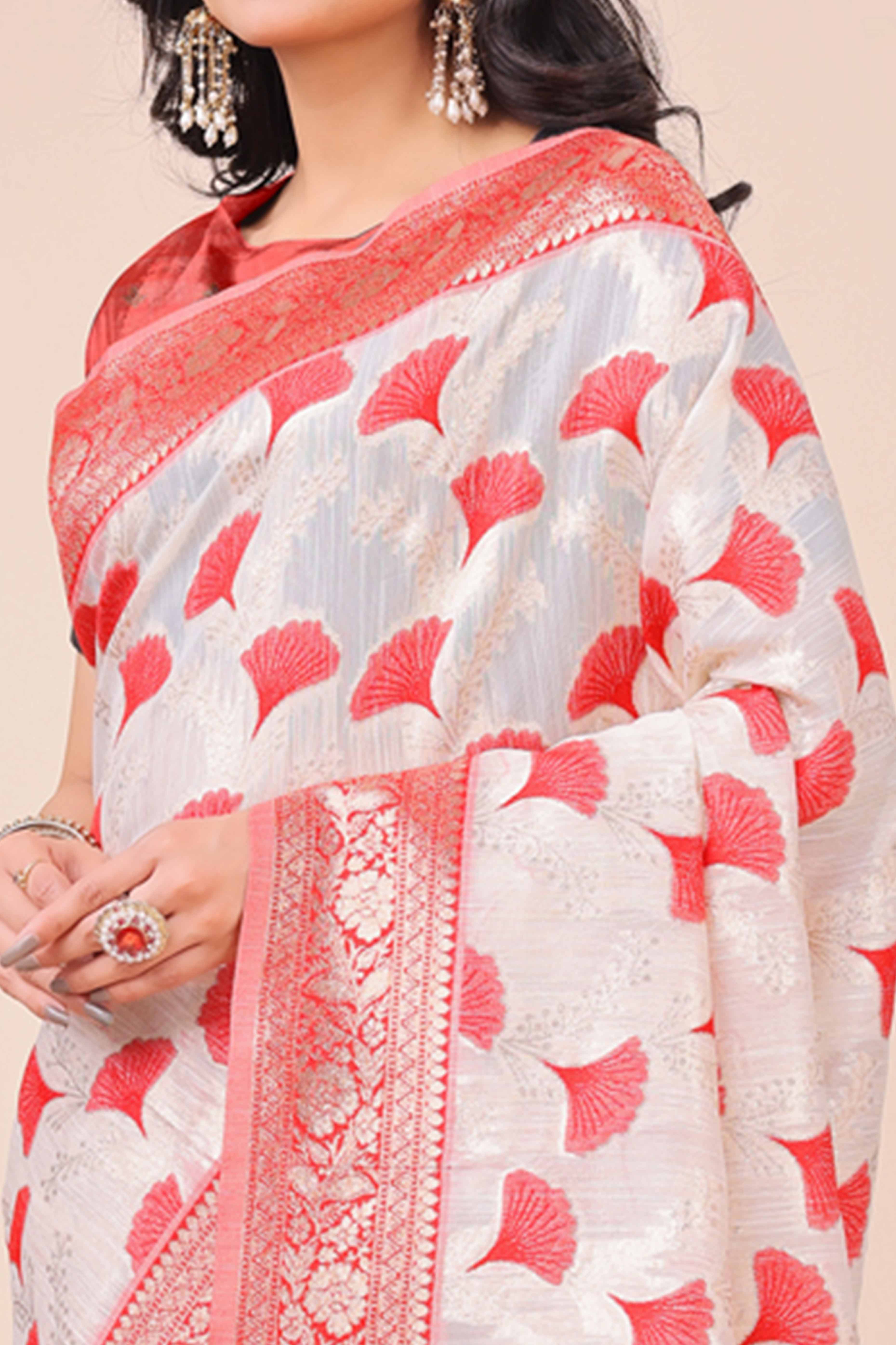 Red Saree In Linen Cotton With Beautiful Floral Woven Patterns & a Tassel