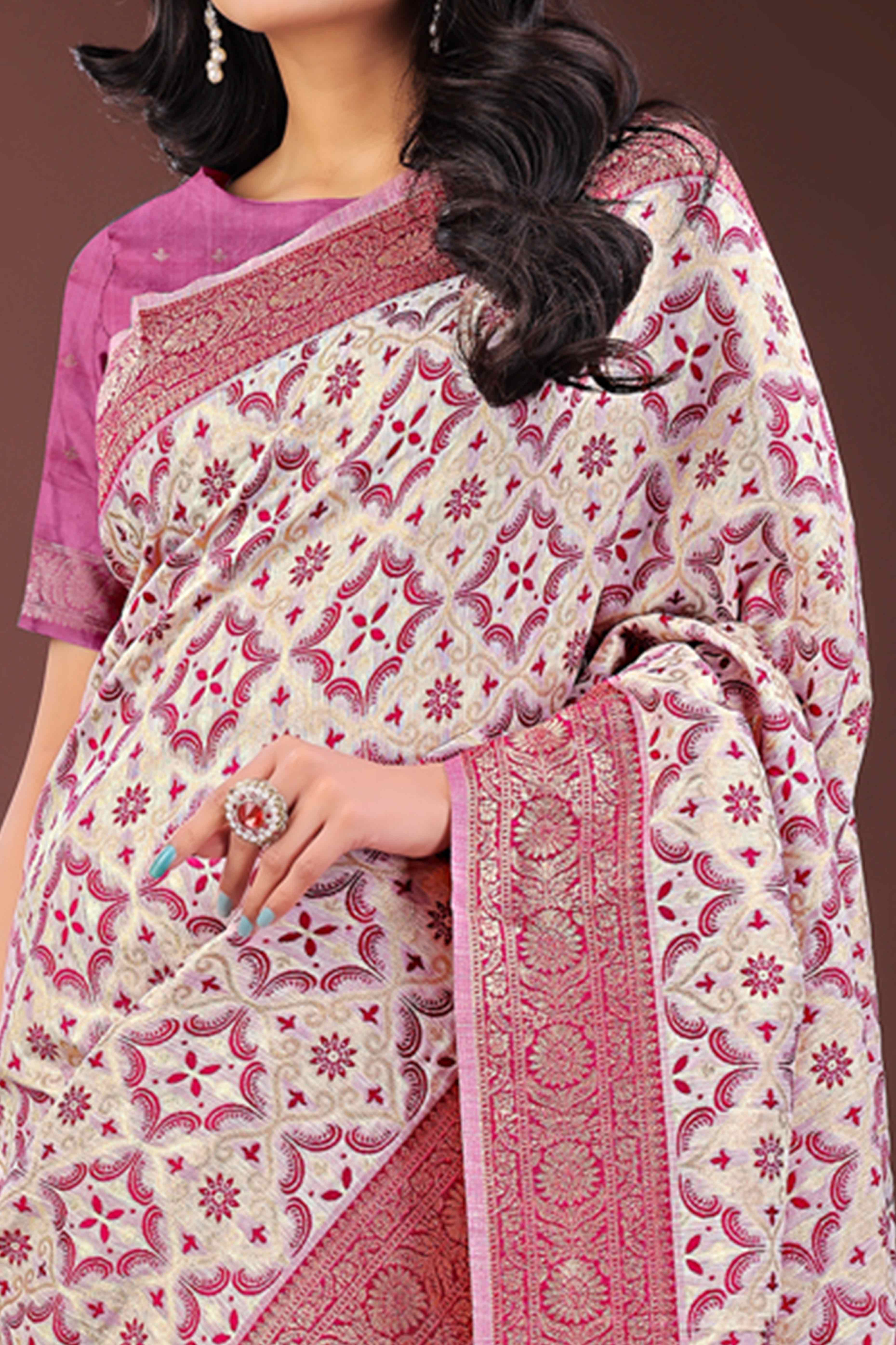 Pink Cotton Blend Saree with Woven Floral Brocade Patterns and Tasseled Borders