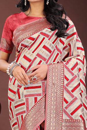 Red Saree with Zari Woven Geometric Motifs and Graceful Tassel Accents