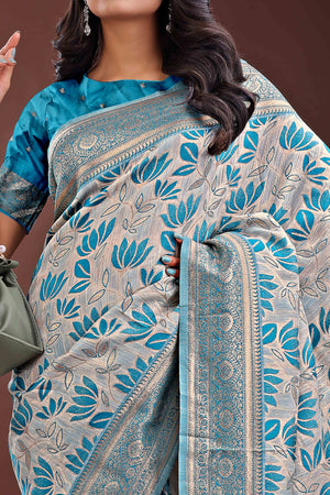 Sky Blue Linen Cotton Saree Featuring Graceful Floral Patterns in Zari Weave