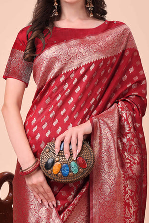 Red Saree In Lichi Silk Blend With Floral Zari Weaving & Delicate Tassel Border
