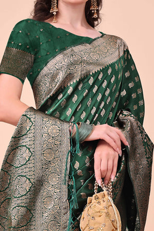 Green Saree In Lichi Silk Blend With Floral Zari Weaving & Delicate Tassel Border