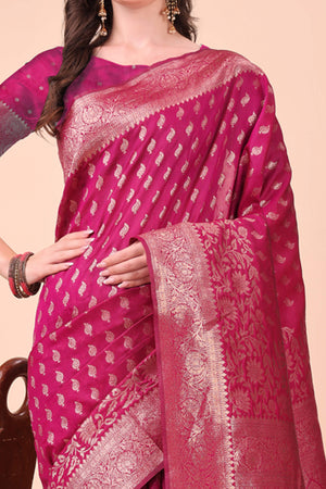 Magenta Saree In Lichi Silk Blend With Floral Zari Weaving & Delicate Tassel Border