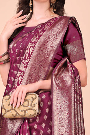 Wine Saree In Lichi Silk Blend With Floral Zari Weaving & Delicate Tassel Border