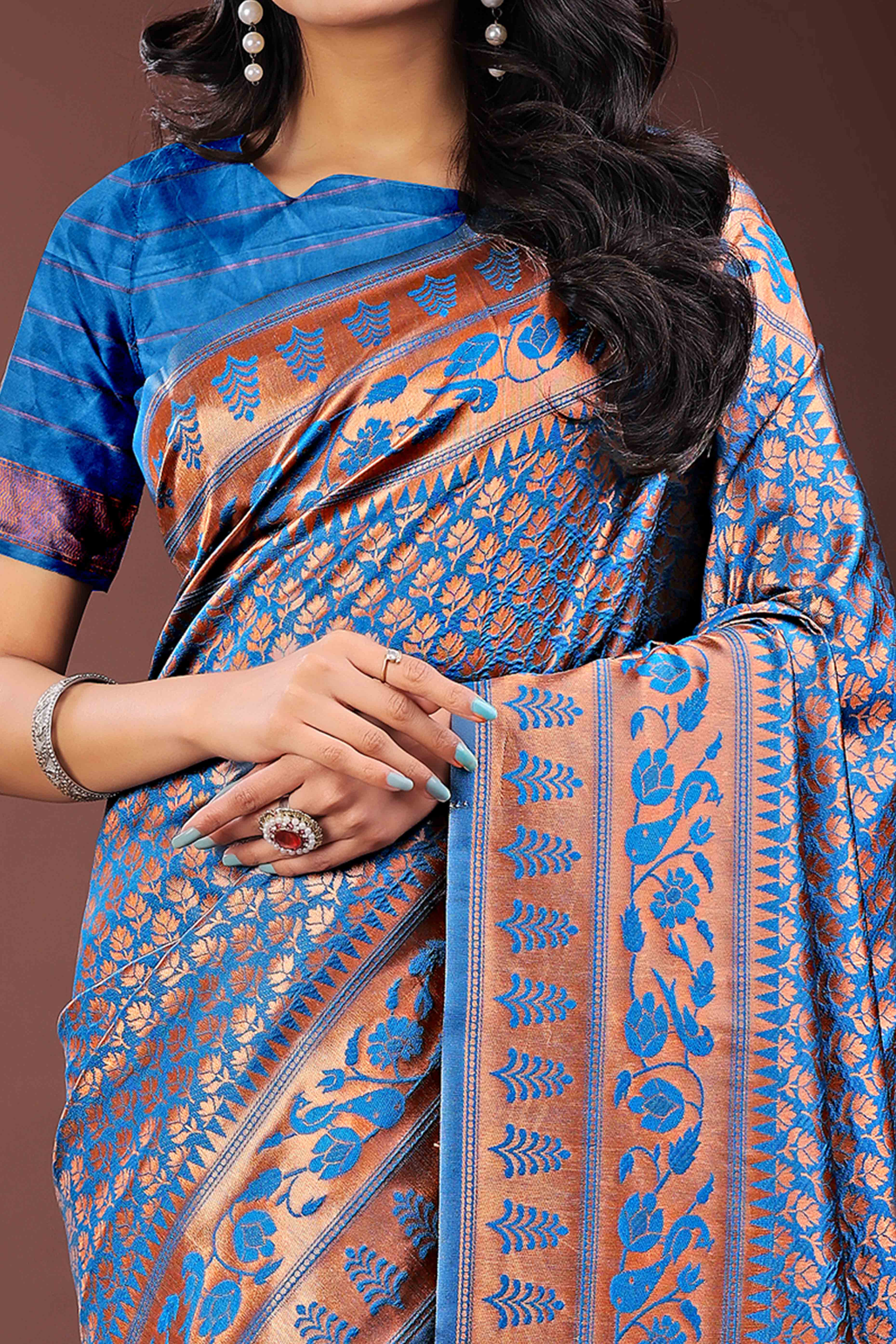 Blue Silk Banarasi Saree with Stunning Zari Woven Brocade Patterns