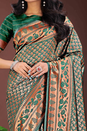 Green Silk Banarasi Saree with Stunning Zari Woven Brocade Patterns