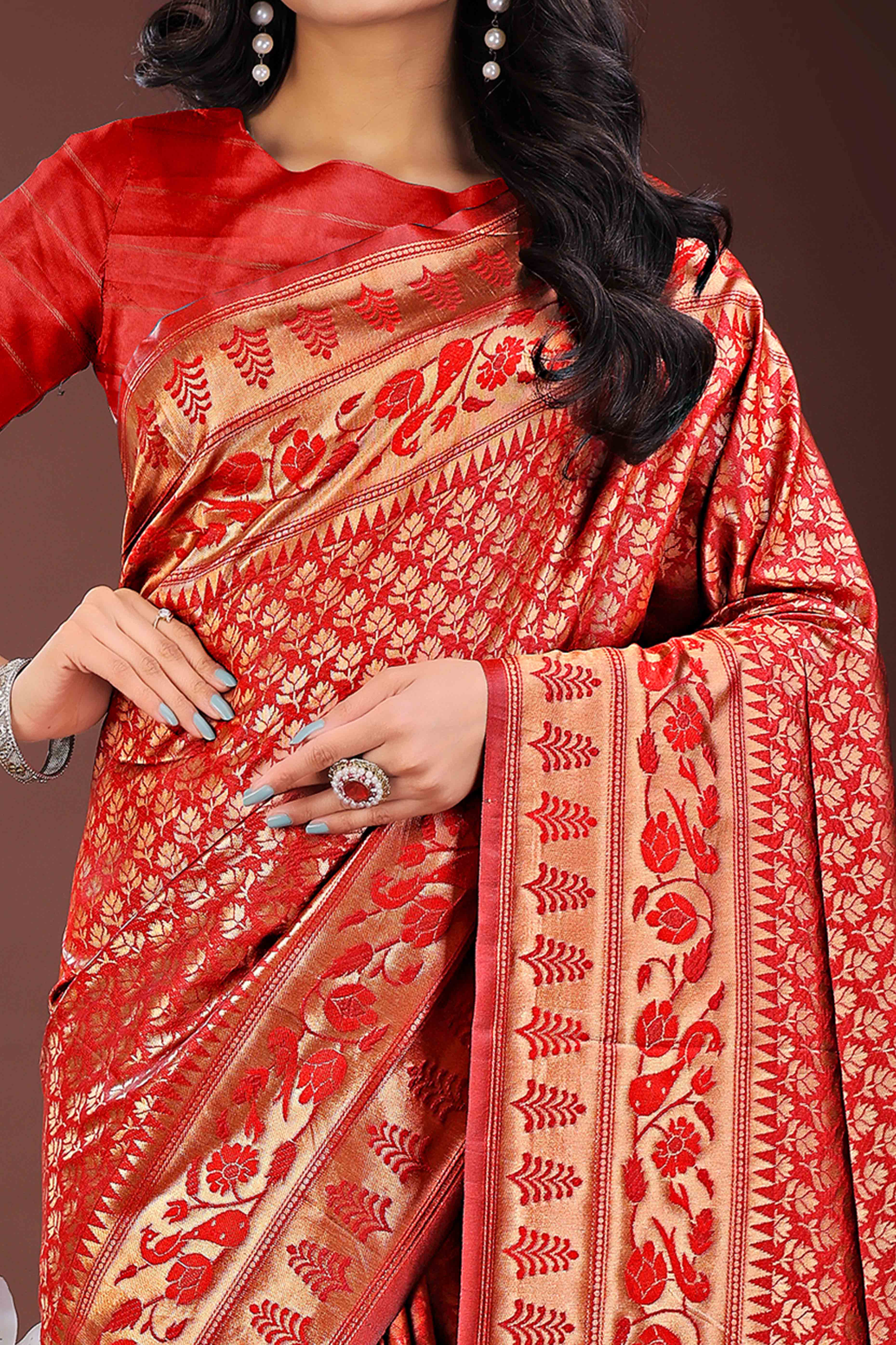 Red Silk Banarasi Saree with Stunning Zari Woven Brocade Patterns