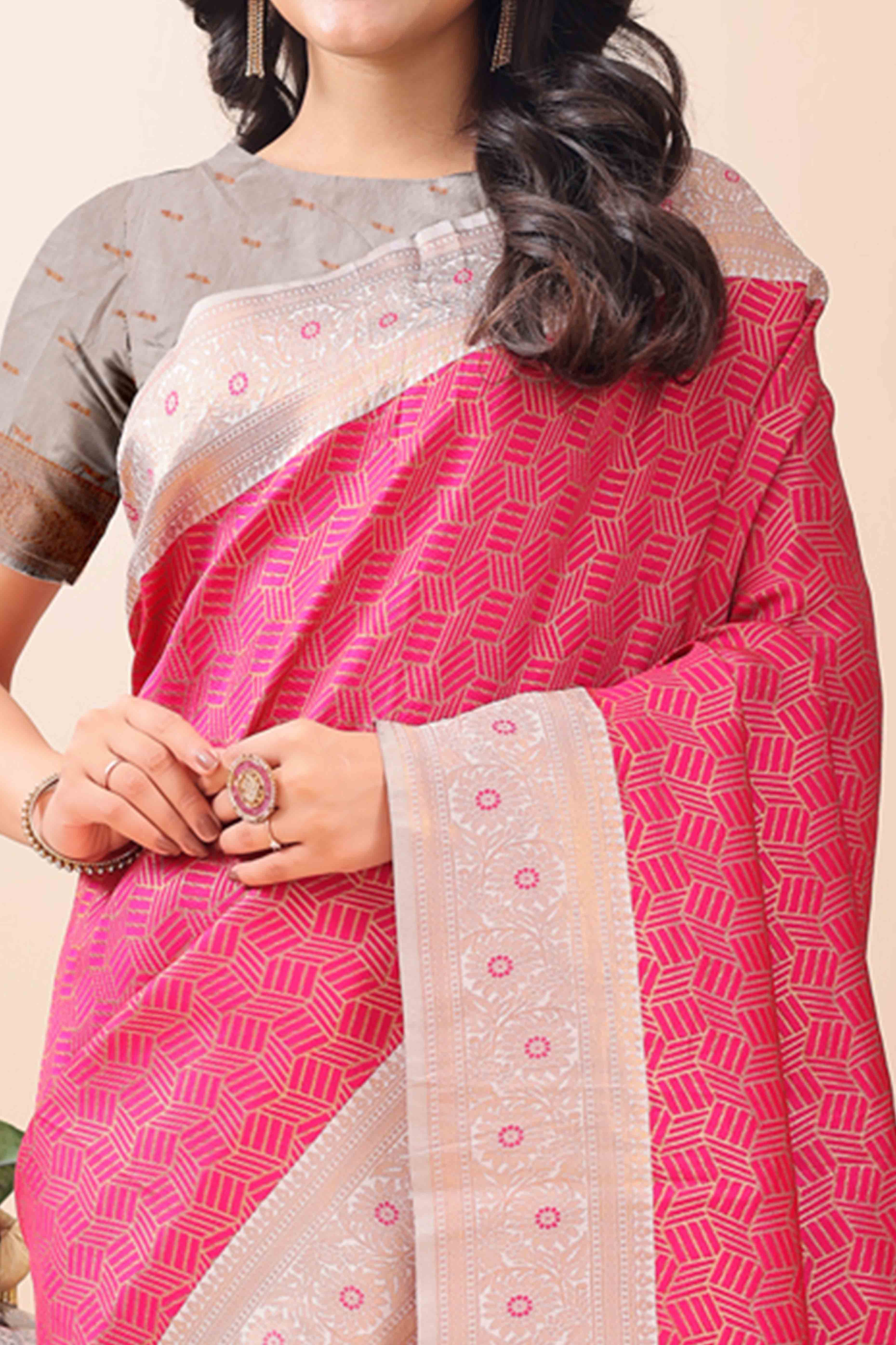 Pink Lichi Cotton Silk Saree With Intricate Zari Weaving In Floral & Geometric Patterns