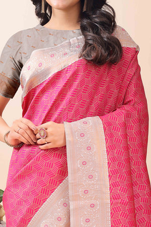Pink Lichi Cotton Silk Saree With Intricate Zari Weaving In Floral & Geometric Patterns