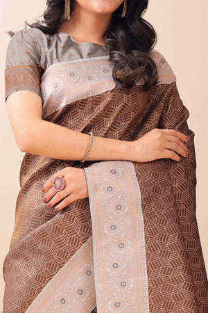 Brown Lichi Cotton Silk Saree With Intricate Zari Weaving In Floral & Geometric Patterns