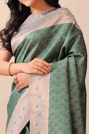 Green Lichi Cotton Silk Saree With Intricate Zari Weaving In Floral & Geometric Patterns