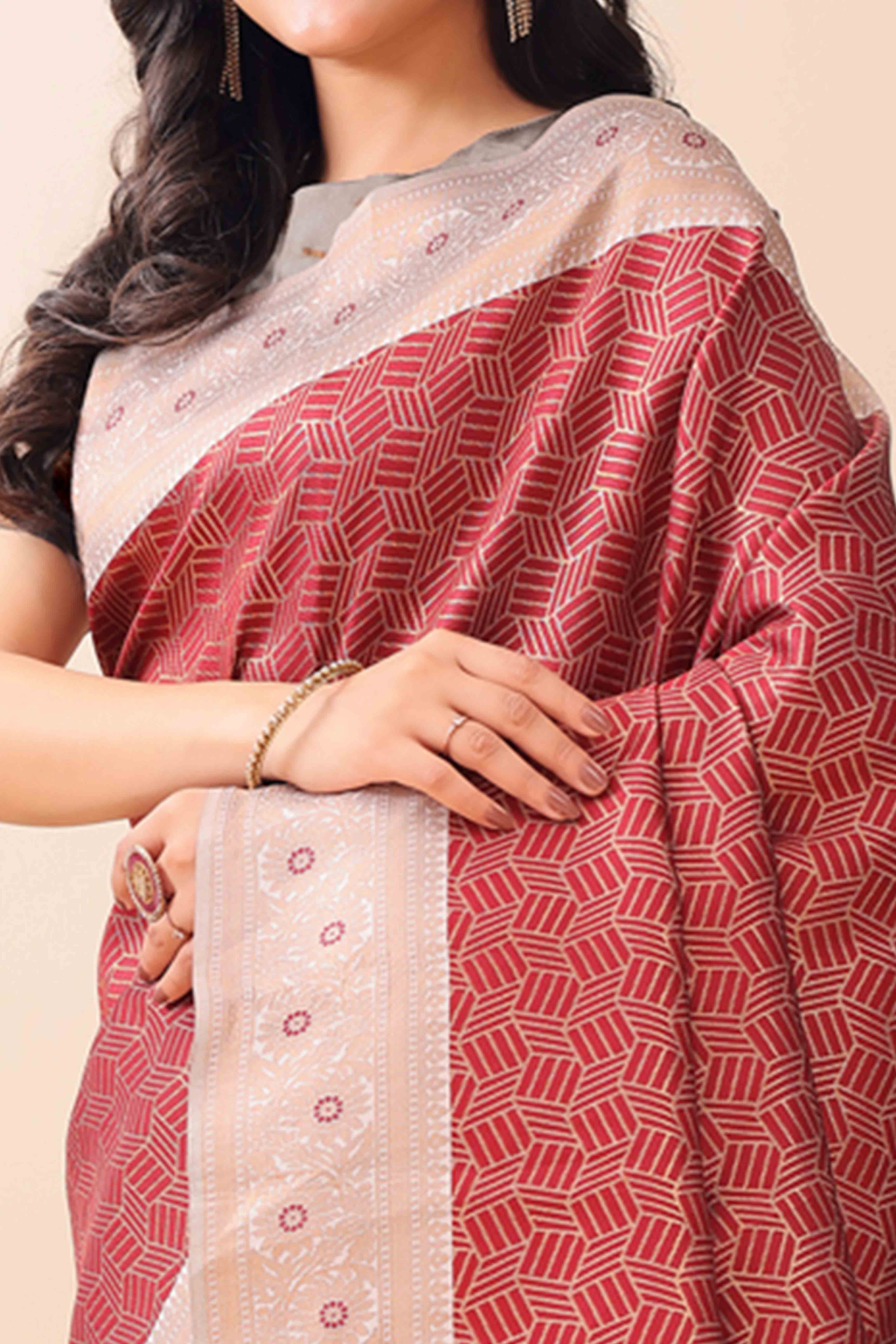 Maroon Lichi Cotton Silk Saree With Intricate Zari Weaving In Floral & Geometric Patterns