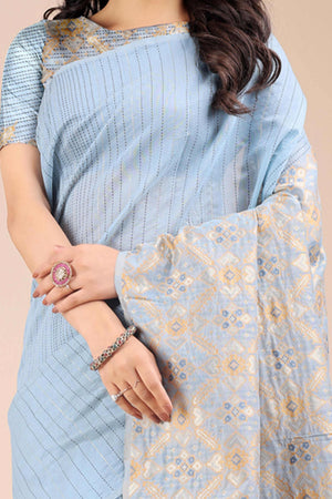 Sky Blue Saree in Cotton Silk with Heritage Inspired Zari Woven Accents