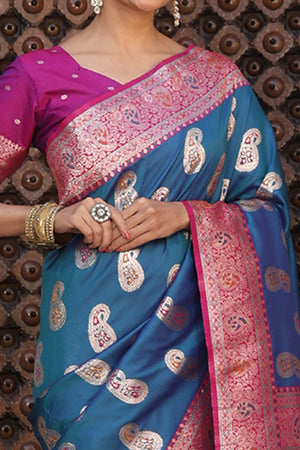 Designer Teal Silk Blend Saree with Timeless Paisley Pattern in Zari Weaving