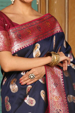 Designer Navy Blue Silk Blend Saree with Timeless Paisley Pattern in Zari Weaving