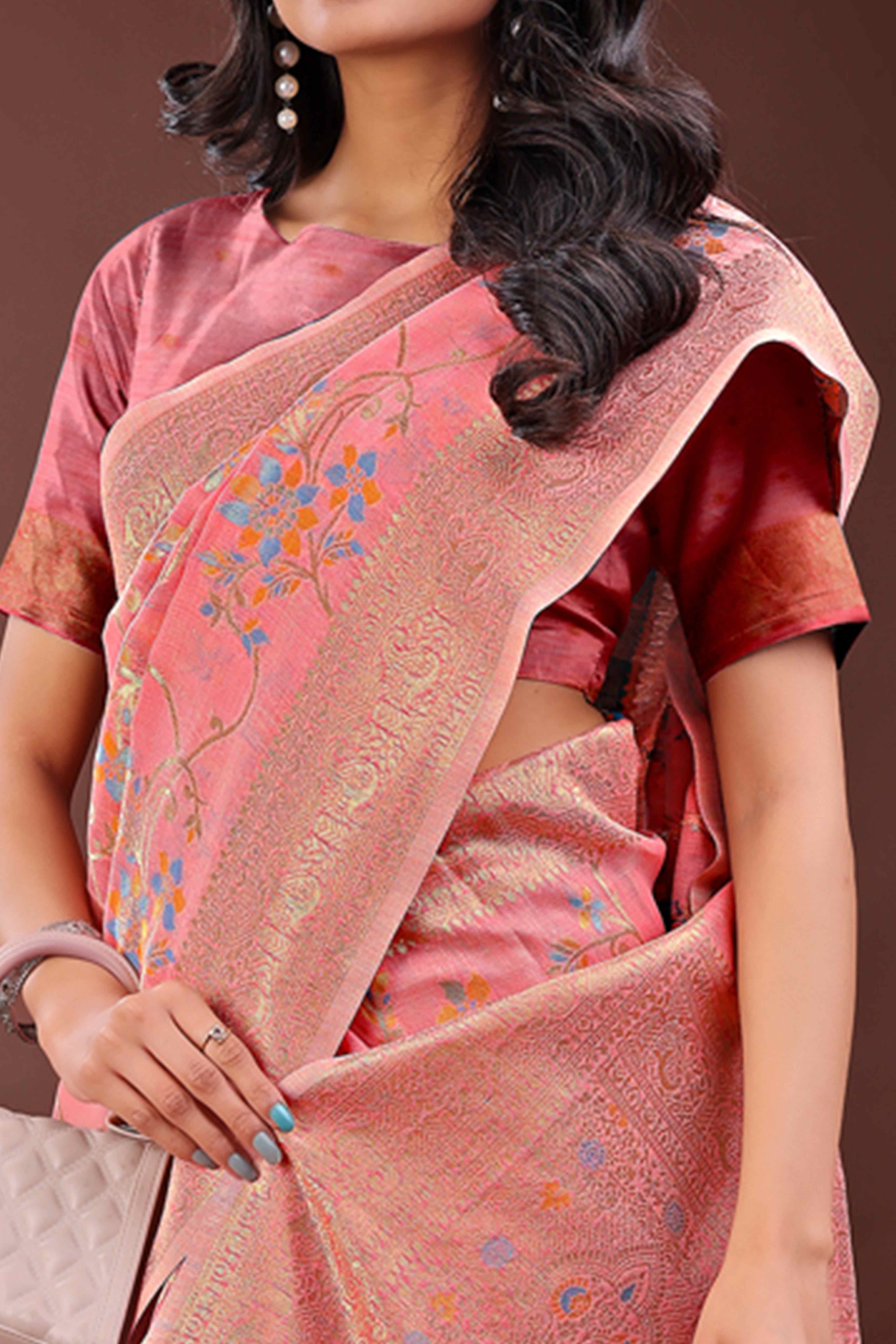 Gajari Pink Linen Cotton Saree With Intricate Floral Zari Weaving & Tassel Edge