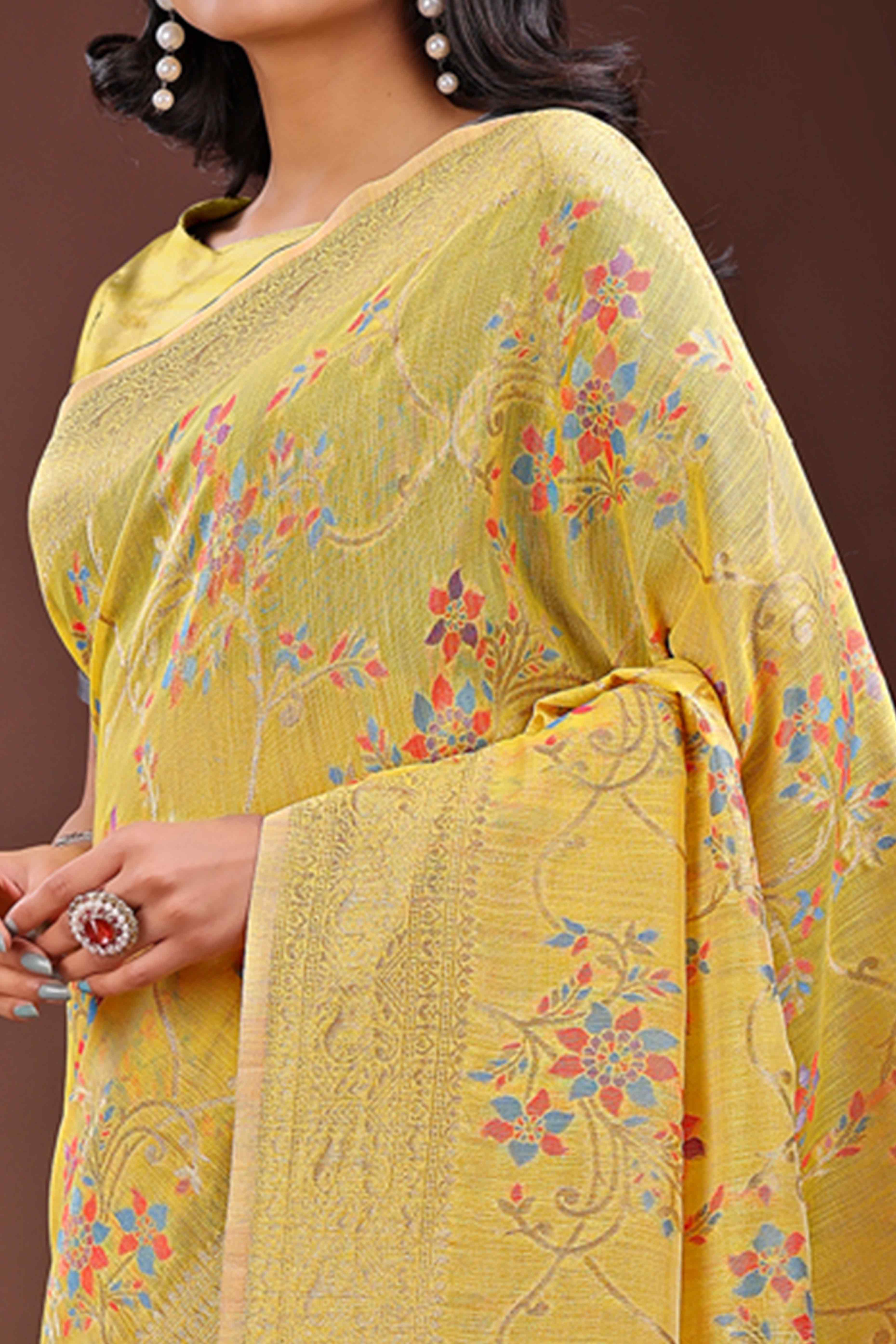 Yellow Linen Cotton Saree With Intricate Floral Zari Weaving & Tassel Edge