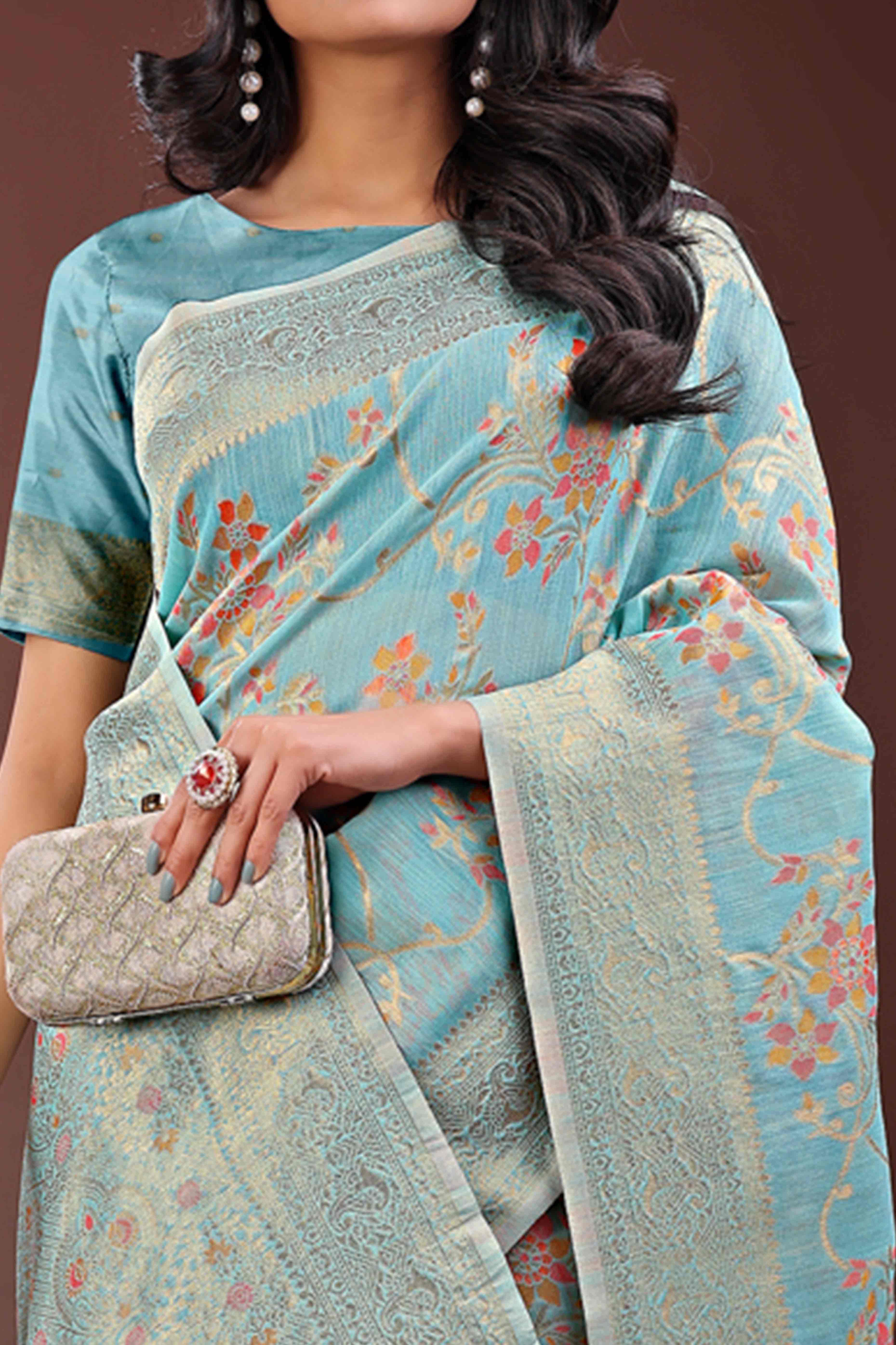 Blue Linen Cotton Saree With Intricate Floral Zari Weving & Tassel Edge