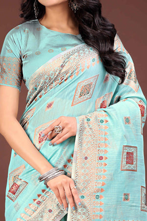 Majestic Floral Zari Weaving Embellished Pale Blue Saree In Linen Cotton with Tassel Accents