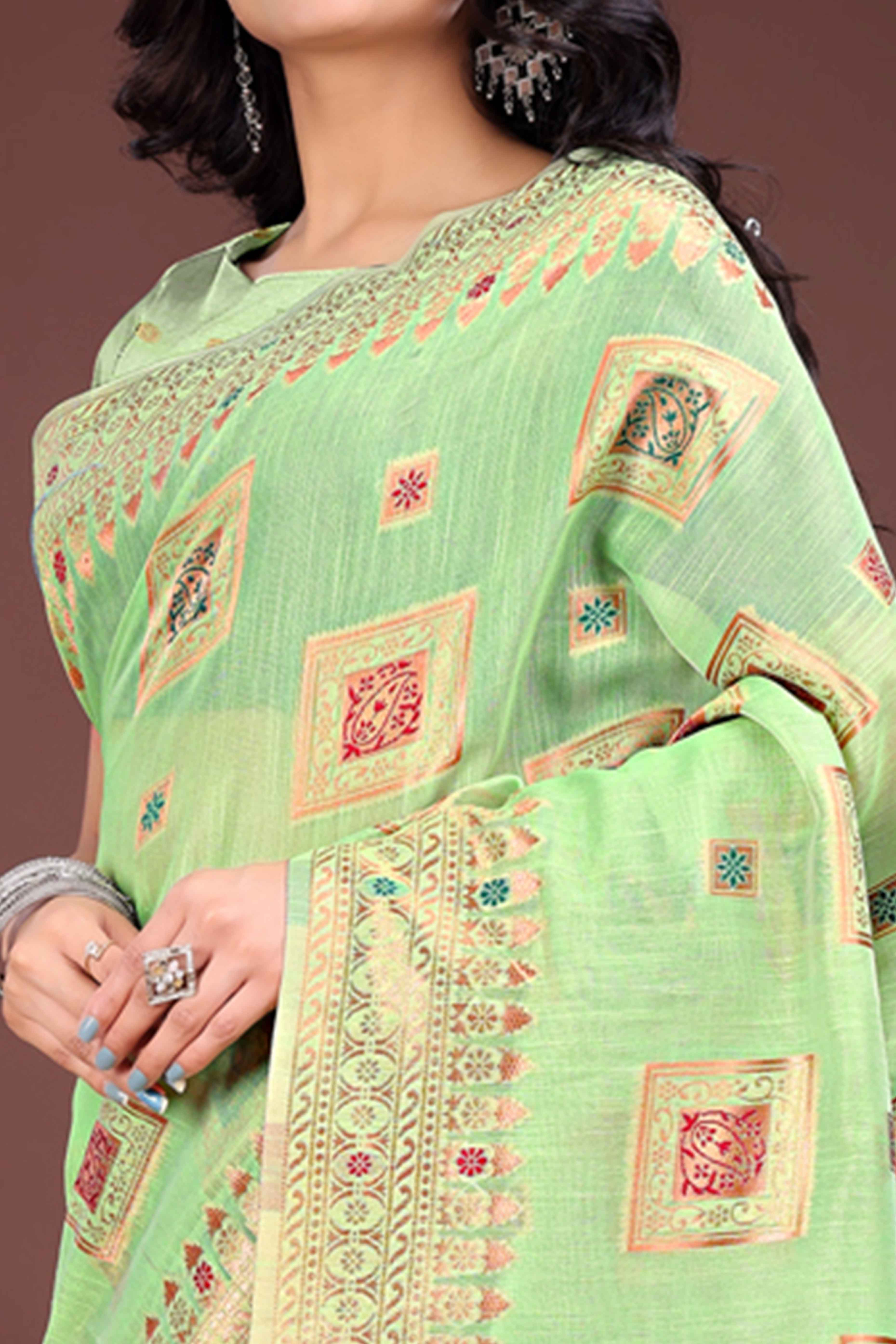 Sophisticated Floral Zari Weaving Embellished Green Saree In Linen Cotton with Tassel Accents